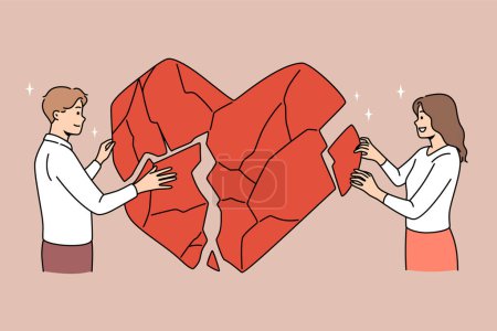 Illustration for Happy couple connect huge heart pieces overcome relationship problems. Man and woman make peace or reconcile after successful family counseling or psychology session. Vector illustration. - Royalty Free Image