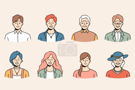 Conjunto de diversas personas de diferentes edades y géneros fotos de perfil. Colección de sonrientes jóvenes y viejos hombres y mujeres avatar retratos y rostros. Generación y diversidad. Ilustración vectorial. 