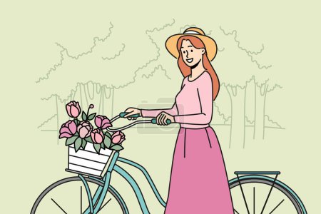 Téléchargez les illustrations : Femme souriante à vélo avec panier de fleurs dans le parc d'été. Fille heureuse avec vélo profiter de la promenade en forêt en été. Illustration vectorielle. - en licence libre de droit
