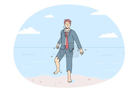 Téléchargez les illustrations : Homme d'affaires confus en costume déchiré sortir de l'océan dans la plage. Employé masculin frustré sauver après accident marcher jusqu'au bord de la mer. Illustration vectorielle. - en licence libre de droit