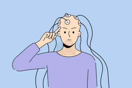 Ilustración de Una persona calva con electrodos conectados a la cabeza dedicada a la investigación neurocientífica. Paciente que se somete a pruebas cerebrales con EEG. Neurología y ciencia. Ilustración vectorial. - Imagen libre de derechos
