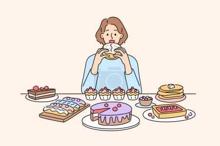 Woman sitting at desk eating many desserts and cakes. Unhappy girl overeating sweet cupcakes and sugar food. Gluttony and overeating. Vector illustration. 