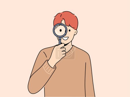 Smiling man with magnifying glass search for information or data. Happy guy with magnifier look for important message doing research. Vector illustration. 