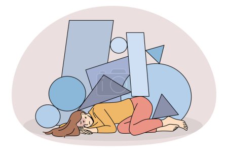 Illustration for Unhappy stressed young woman immobile under life troubles burden. Upset girl distressed with psychological or mental problems. Depression and stress concept. Vector illustration. - Royalty Free Image