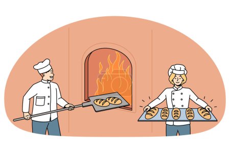 Illustration for Happy bakers in uniform prepare cook fresh tasty crusty loaves in oven. Smiling worker bake delicious bread in bakery shop or house. Small business ownership, bakeshop. Vector illustration. - Royalty Free Image