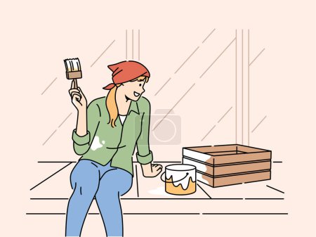 Illustration for Smiling woman painting wooden box outside of house on terrace. Happy girl renovate decoration engaged in DIY process. Hobby and redecoration. Vector illustration. - Royalty Free Image
