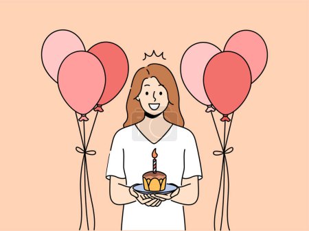 Téléchargez les illustrations : Femme souriante avec gâteau dans les mains et ballons célébrer anniversaire. Fille heureuse avec cupcake avec bougie profiter célébration anniversaire. Illustration vectorielle. - en licence libre de droit