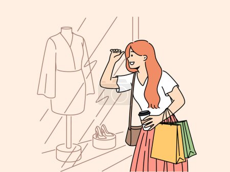 Illustration for Smiling woman with bag look at showcase choosing dress. Happy female buyer look at window case buy clothes. Shopaholic and fashion. Vector illustration. - Royalty Free Image