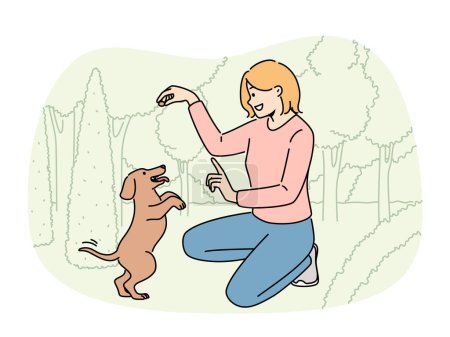 Smiling woman playing with puppy in park. Happy girl have fun learn commands with cute dog in forest. Vector illustration. 
