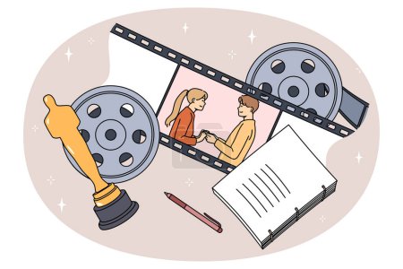 Illustration for Movie characters man and woman in romantic screenplay. Love story in cinema. Film script, strip and Oscar award for best cinematography. Entertainment concept. Vector illustration. - Royalty Free Image