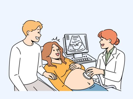 Illustration for Happy pregnant couple have ultrasound in clinic. Smiling future parents on checkup with doctor in hospital. Pregnancy and parenthood. Vector illustration. - Royalty Free Image