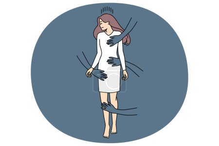 Illustration for Hands of men touch unhappy stressed woman. Concept or gender harassment and violence. Sexual rape and bullying. Female suffer from discrimination at workplace. Vector illustration. - Royalty Free Image