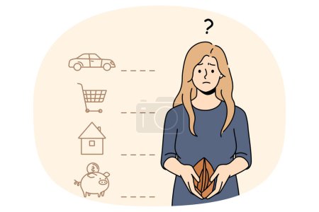 Illustration for Unhappy confused woman with empty wallet think of monthly payment. Frustrated female distressed with bills and taxes pay suffer from financial crisis or debt. Bankruptcy. Vector illustration. - Royalty Free Image