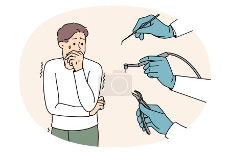 Illustration for Stressed man scared of dental tools and equipment at dentist appointment. Unhappy guy afraid of teeth fixing distressed of doctor. Dentophobia concept. Flat vector illustration. - Royalty Free Image