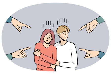 Illustration for Numerous hands pointing at scared unhappy couple feeling unwell for blaming and guilt. Society shaming young man and woman for relationships. Discrimination. Vector illustration. - Royalty Free Image