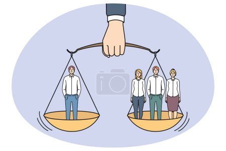 Businessman hand hold scales with one man weight same as group of people. Employees team and separate worker balance on weighs. Inequality of rights and power. Vector illustration.