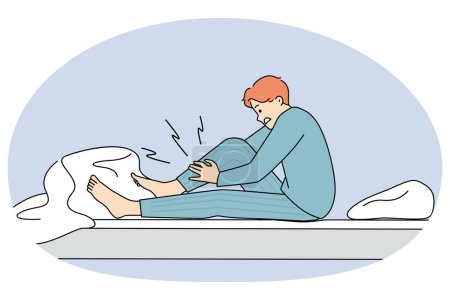 Illustration for Man wake up at night suffer from cramp massage leg. Unhealthy unwell guy awaken in bed struggle with sudden muscle strain or spasm at home. Healthcare concept. Vector illustration. - Royalty Free Image