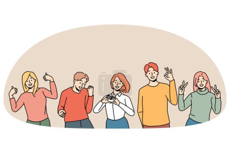 Illustration for Smiling diverse young people showing hand gestures expressing different emptions. Happy men and women demonstrate ok, yes and heart symbols signs. Body language, communication. Vector illustration. - Royalty Free Image