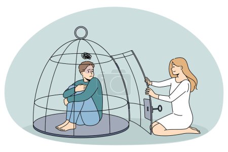 Illustration for Woman helping unhappy depressed man locked in cage suffer from abuse and oppression. Helpless guy under control and dependence saved by female. Psychological abuse. Vector illustration. - Royalty Free Image