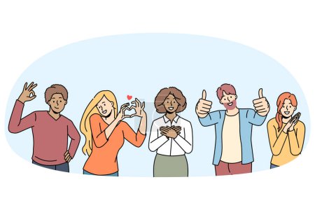 Illustration for Overjoyed diverse multiethnic young people feel positive and joyful show diverse hand gestures. Smiling men and women use body language, ok, thumb up, heart sign. Vector illustration. - Royalty Free Image