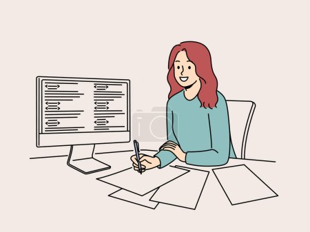 Ilustración de Chica sonriente sentada en el escritorio trabajando en la computadora tomando notas. Mujer feliz empleado estudio en PC escribir a mano los datos en papel. Aprendizaje digital y clase de TI. Ilustración vectorial. - Imagen libre de derechos