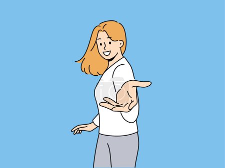Smiling woman stretch hand to camera invite someone going together. Happy female outstretch arm to screen. Invitation and request. Vector illustration. 