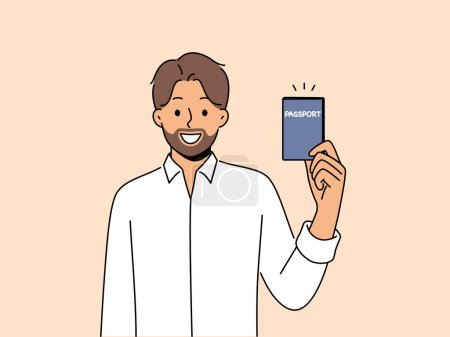 Sonriente barbudo mostrando pasaporte. Feliz ciudadano varón recibe documento de identificación personal. Residencia permanente oficial y ciudadanía. Ilustración vectorial.