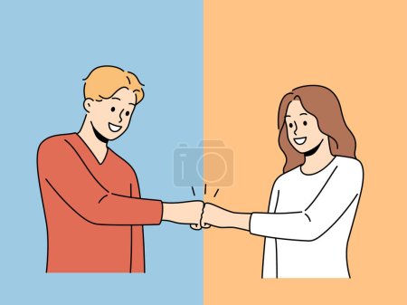 Illustration for Smiling man and woman give fists bump engaged in teamwork. Happy couple male gesture greeting or making deal. Cooperation. Vector illustration. - Royalty Free Image