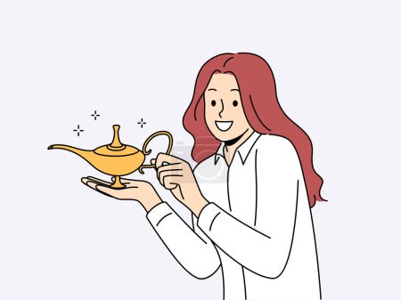 Illustration for Smiling woman holding Aladdin lamp for granting wishes. Happy businesswoman with magical golden genie lamp in hands. Magic and dreams come true. Vector illustration. - Royalty Free Image
