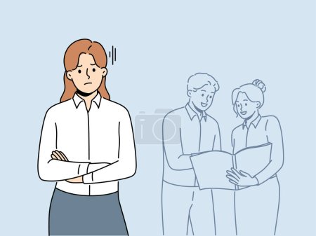 Illustration for Unhappy female employee worry about colleagues talking in background. Upset angry woman worker bothered with coworkers engaged in teamwork. Vector illustration. - Royalty Free Image