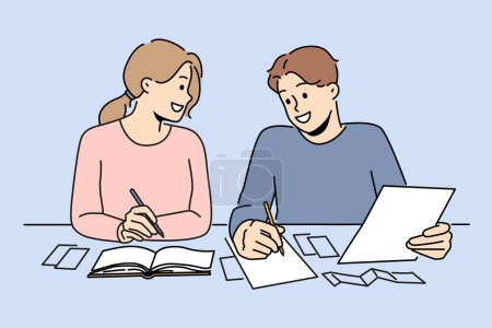Illustration for Smiling couple sit at desk managing finances. Happy man and woman take care of household budget, planning expenses. Vector illustration. - Royalty Free Image