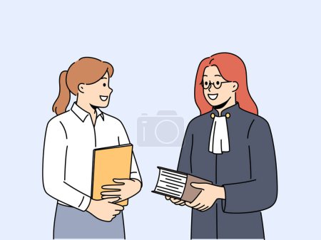 Smiling female lawyer and paralegal with folders in office. Happy woman judge with assistant holding documents in court. Vector illustration. 