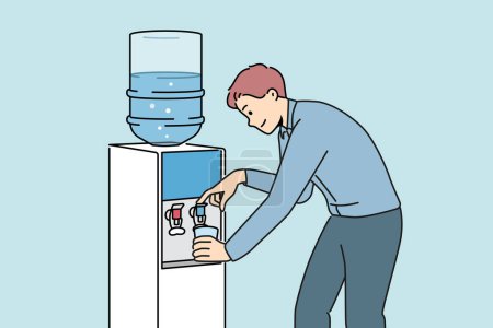 Smiling man get water in cooler in office. Male pour clean still aqua from dispenser at workplace. Vector illustration. 