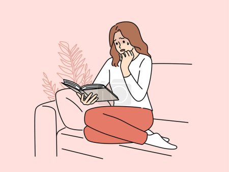 Woman sit on couch rad book crying. Unhappy girl feel emotion reading literature at home. Hobby and emotions. Vector illustration. 