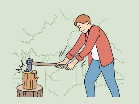 Illustration for Strong man cutting wood with axe in forest. Guy splitting wood logs in nature. Camping and woodcutting. Vector illustration. - Royalty Free Image