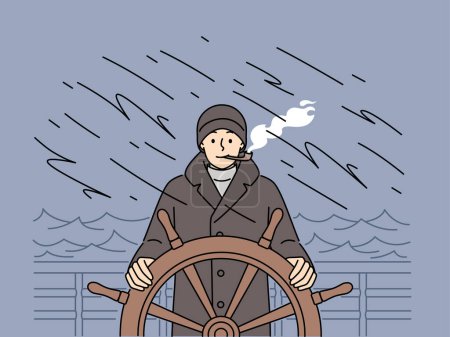 Illustration for Captain in outerwear standing at ship steering wheel smoking pipe. Smiling man sailing in ocean in storm. Marine life. Vector illustration. - Royalty Free Image