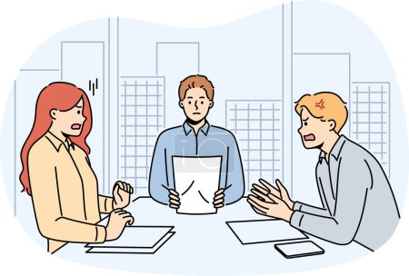 Angry couple sit at table in lawyer office arguing and shouting. Man and woman fight at meeting at notary workplace. Divorce and relationships. Vector illustration. 