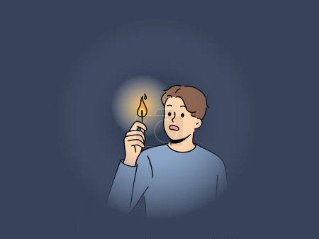 Scared man in darkness with lit match. Terrified guy with light walking in dark. Electricity lack. Vector illustration. 