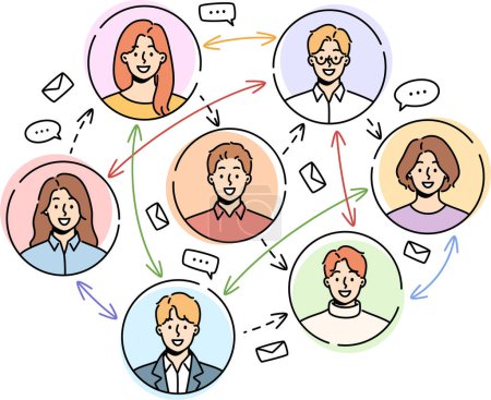 Illustration for Smiling men and women communicate chat on social network. Various people communication on internet. Messaging and texting online on web. Vector illustration. - Royalty Free Image