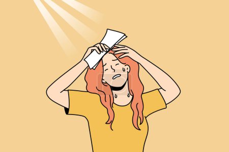 Unhealthy woman suffer from heatstroke on summer street. Unwell girl struggle with sweat during summertime. Vector illustration. 