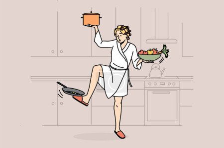 Ilustración de Mujer en albornoz multitarea en casa con actividades para el hogar. Ama de casa ocupada con las tareas en la cocina. Ilustración vectorial. - Imagen libre de derechos