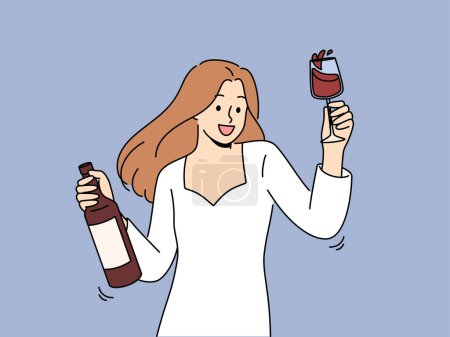 Illustration for Woman dances at party holding bottle of wine and glass filled with exquisite alcoholic drink. Girl in white dress for party is addicted to alcohol and rejoices at new opportunity to drink - Royalty Free Image