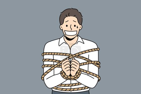 Illustration for Businessman tied in ropes with sealed mouth. Scared male employee as hostage or victim of kidnapping. Vector illustration. - Royalty Free Image