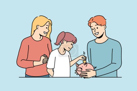 Illustration for Smiling parents teach small child saving money in piggyback. Happy mother and father manage budget with little kid. Investment and expenses management. Vector illustration. - Royalty Free Image