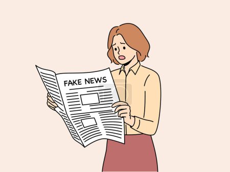 Illustration for Newspaper with fake news in hands of woman reading false information from reporters using propaganda techniques to intimidate readers. Girl with newspaper with fake news frightened opens mouth - Royalty Free Image