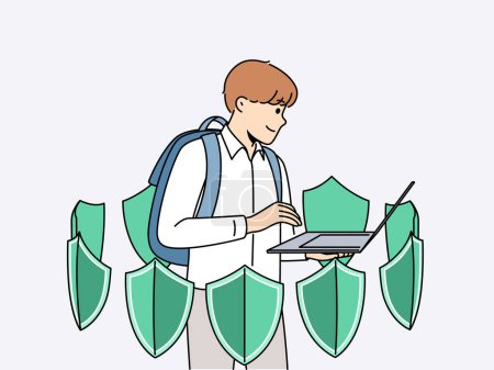 Boy with laptop is learning cyber protect and installing antivirus software standing among green shields. Estudiante de la escuela utiliza aplicaciones para proteger cibernéticamente los datos personales de los hackers o virus
