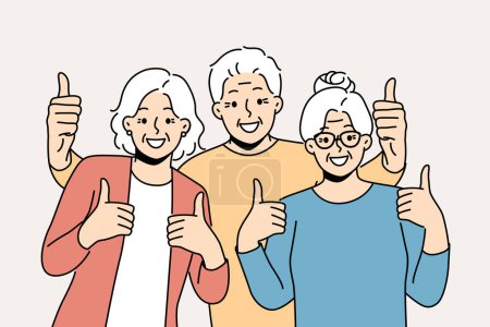 Personas mayores muy alegres mostrando pulgares hacia arriba disfrutando de la madurez. Abuelos sonrientes sintiéndose optimistas y positivos. Ilustración vectorial. 