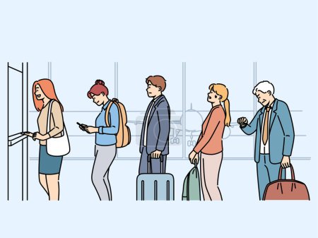Illustration for Queue at airport of people taking off by plane and passing through customs control when crossing border of state. Men and women are at airport checking in for flight, nervous about long wait. - Royalty Free Image