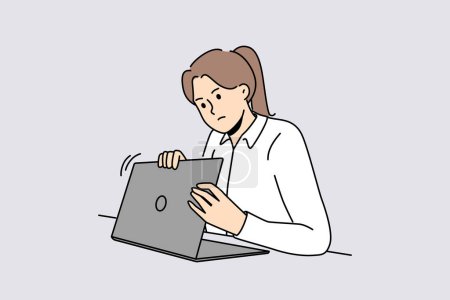 Illustration for Woman is worried about privacy of data on internet and hides laptop screen while entering password. Taking care of security using internet and maintaining confidentiality to avoid information leakage - Royalty Free Image
