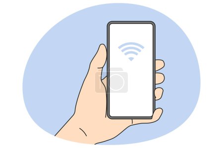 Illustration for Person holding smartphone with NFC on screen. Near field communication technology on mobile phone. NFC payment with cellphone. Flat vector illustration. - Royalty Free Image